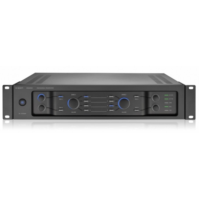 2-зонный трансляционный предусилитель. Вход - 4 линейных (RCA/клеммы 3-Pin), 2 для микрофонов (RCA), 2 для микрофонных консолей (клеммы 3-Pin), сигналы ГО (клеммы 5-Pin); выход - 2 стерео зоны (RCA/клеммы 3-Pin) BIAMP APART-PREZONE2