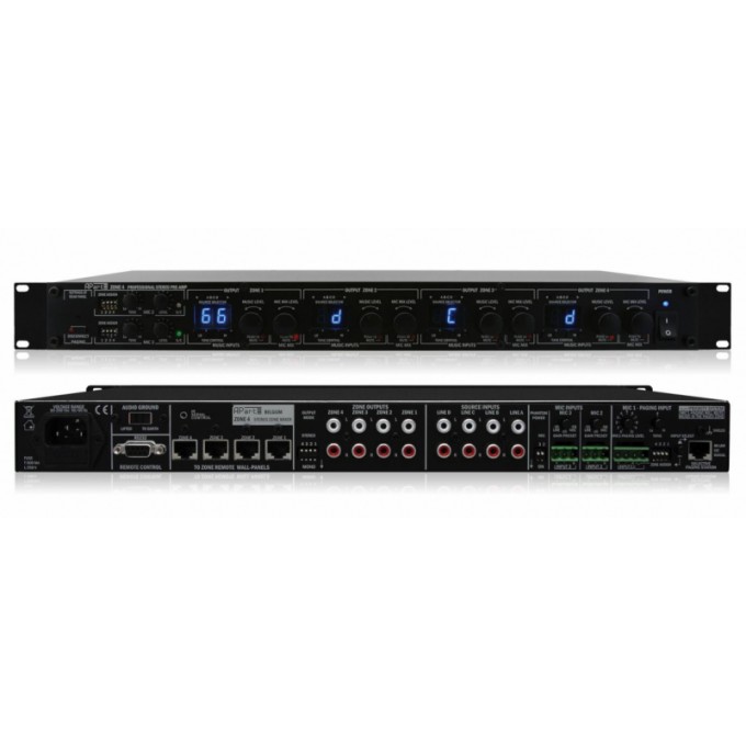 Микшер-предусилитель (3 микрофонных + 4 линейных входа) x 4 линейных выхода. входные сигналы можно коммутировать с любым линейным выходом предусилителя BIAMP APART-ZONE4