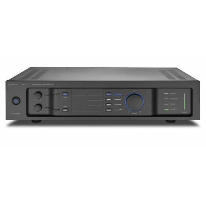 Трансляционный микшер-усилитель, мощность 120 Вт 4 Ом (70V/100V), усилитель класса D, 3 микрофонных/линейных входа, 4 линейных входа (селективные), аварийный вход, фантомное питание для микрофонных входов А и В, 4 уровня приоритета, эквалайзер, "ГОНГ MA120
