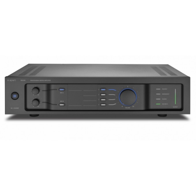 Микшер-усилитель, 3 микрофонных/линейных входа, 4 линейных входа (селективные) + аварийный вход, 4 уровня приоритета, цифровой усилитель мощности 240 Вт х 100V/70V/4 Ом class-D, фантомное питание для микрофонных входов А и В, эквалайзер, "ГОНГ". MA240