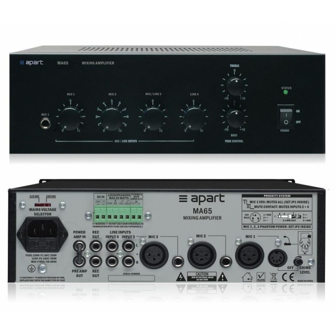 Микшер-усилитель 65 Вт 100 - 70 В, есть 8 Ом, 2 микр., 1 микр./лин., 1 линейный входы, выход предварительного и вход оконечного усилителей, линейный выход, генератор сигнала гонг, приоритет микрофонного входа, возможна установка в стойку 19 BIAMP MA65