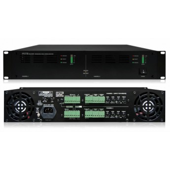 Трансляционный усилитель 2 х 240 Вт, выход 100 - 70 - 50 - 35 В, выход 4 Ом, мостовой режим 1 х 480 Вт. По каждому каналу: линейный вход, приоритетный линейный вход, выход +24 В активируется при подаче сигнала на приоритетный вход, питание 220 В АС, 24В D