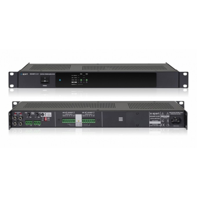 2-канальный усилитель мощности класса D, 2 x 120 Вт (70/100 В или RMS @ 4 Ом), в режиме мост 1 x 240 Вт (70/100 В или RMS @ 8 Ом), конвекционное охлаждение, 1 U, 19" установка в стойку BIAMP REVAMP2120T