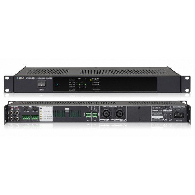2-канальный цифровой усилитель мощности 2 х 250 Вт 4 Ом, в мостовом режиме 1 х 500 Вт 8 Ом. импульсный SMPS блок питания, пассивное охлаждение. Выходные каскады усилителя класса D, DSP, фильтра низких и высоких частот, лимитер, компрессор BIAMP REVAMP225 REVAMP2250
