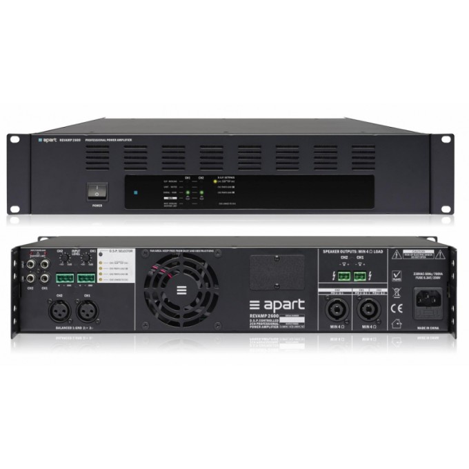 2-канальный цифровой усилитель мощности 2 х 600 Вт 4 Ом, импульсный SMPS блок питания, переменная скорость вентилятора. Выходные каскады усилителя класса Н, DSP - 10 предустановок, фильтра низких и высоких частот, лимитер, компрессор BIAMP REVAMP2600