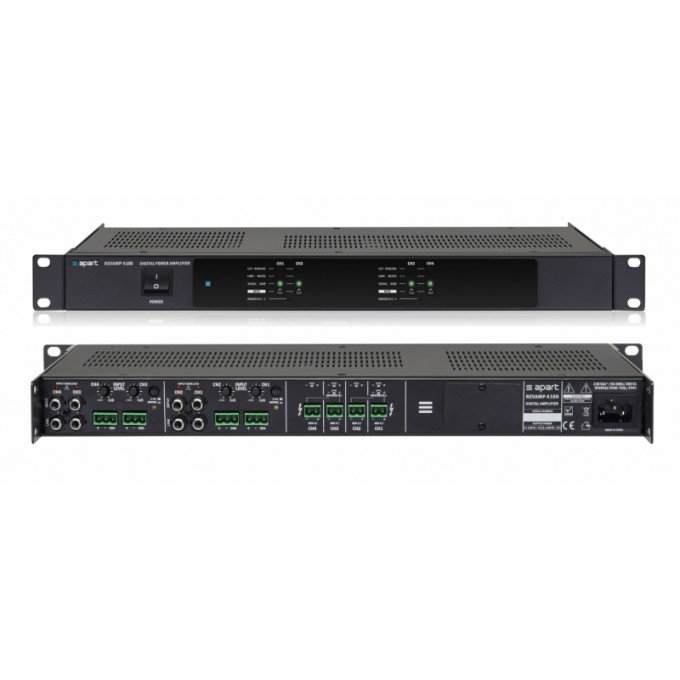 4-канальный цифровой усилитель мощности: 4 х 100 Вт на нагрузке 4 Ом, в режим мост - 2 х 225 Вт / 8 Ом, класс D. Четыре несимметричных входа RCA линейного уровня, четыре симметричных - евроблок BIAMP REVAMP4100